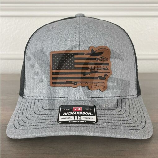 Duck Hunting And Fishing American Flag Leather Patch Hat