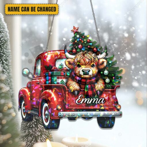 Highland Cow Truck Christmas – Personalized Hologram Ornament